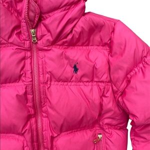 Ralph Lauren puffer jacket w/hood, hot pink, gold zippers, front pockets Kids L
